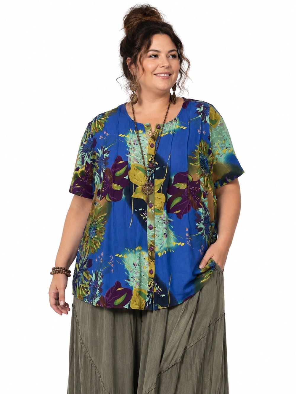 Roaman’s 14W Blue Floral Rayon Blouse Boho Artsy Button Front Top Crinkle Gauze